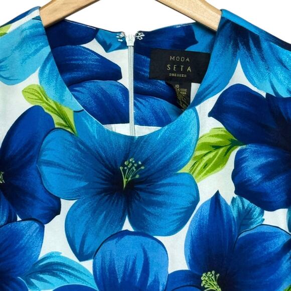 Moda Seta  Sleeveless Blue Floral 100% Silk Sheath Dress Size 10 - Picture 3 of 8